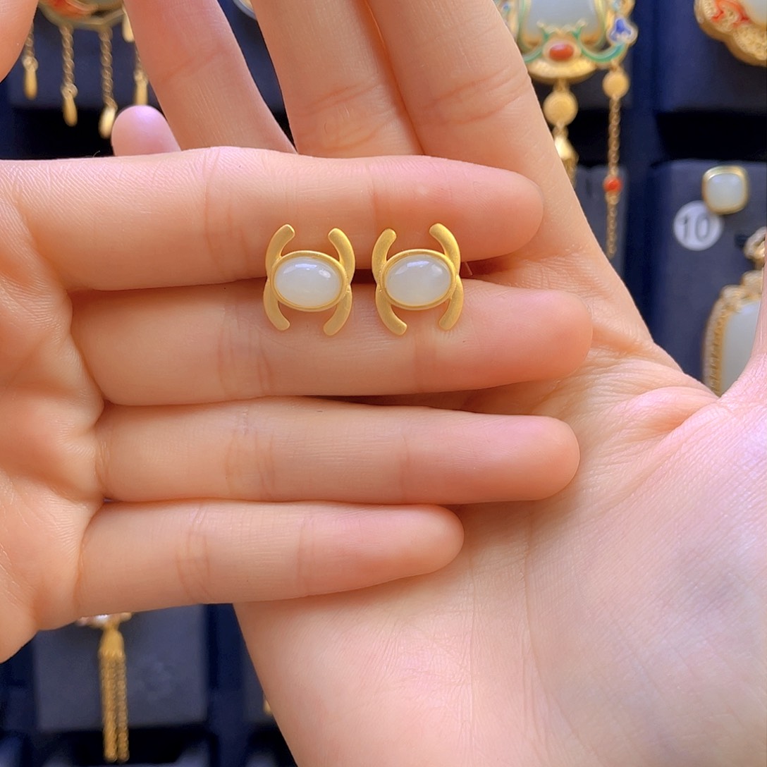 和田玉耳饰银S925镀金镶嵌