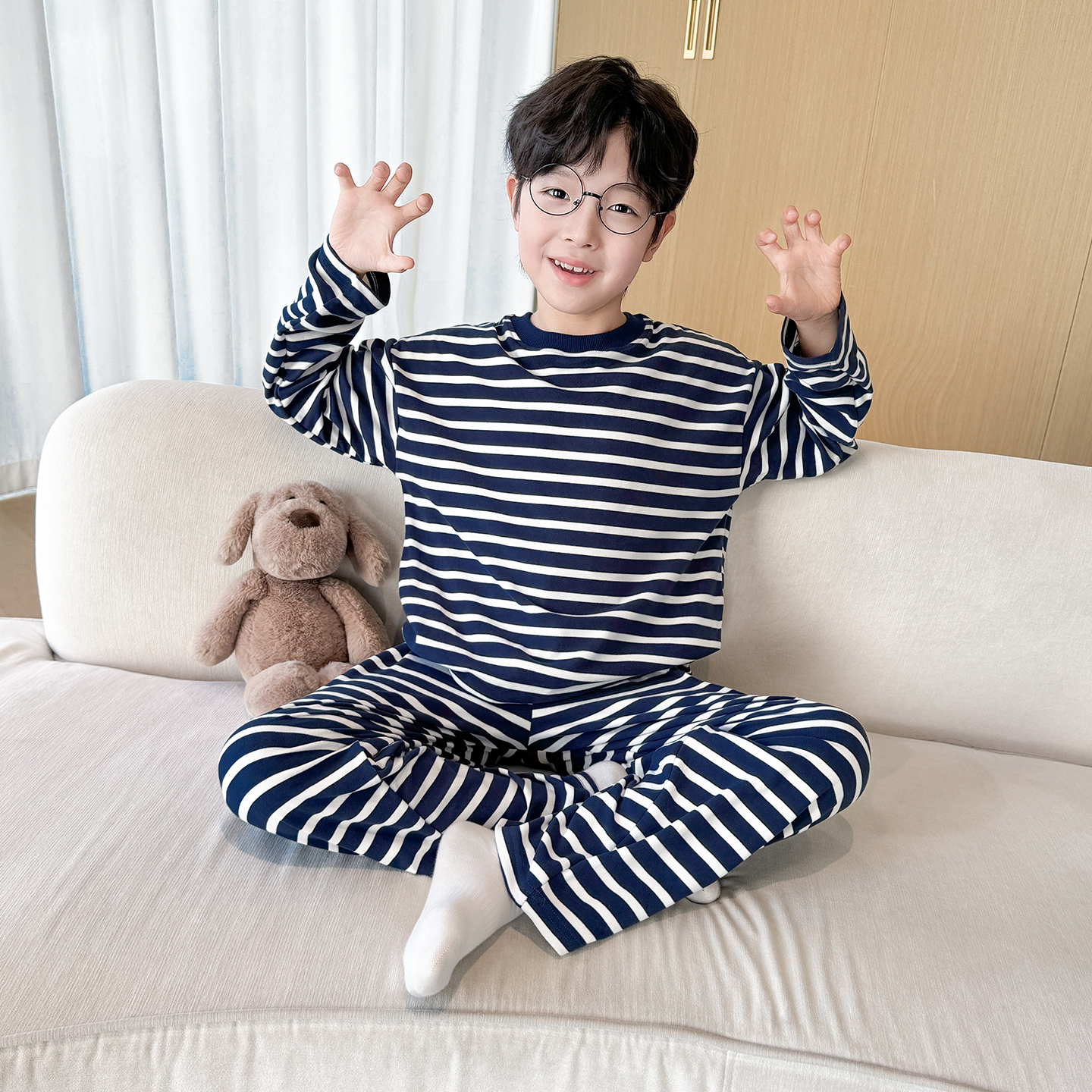 儿童睡衣男童春秋季德绒套装秋冬2025新款中大童条纹洋气家居服潮