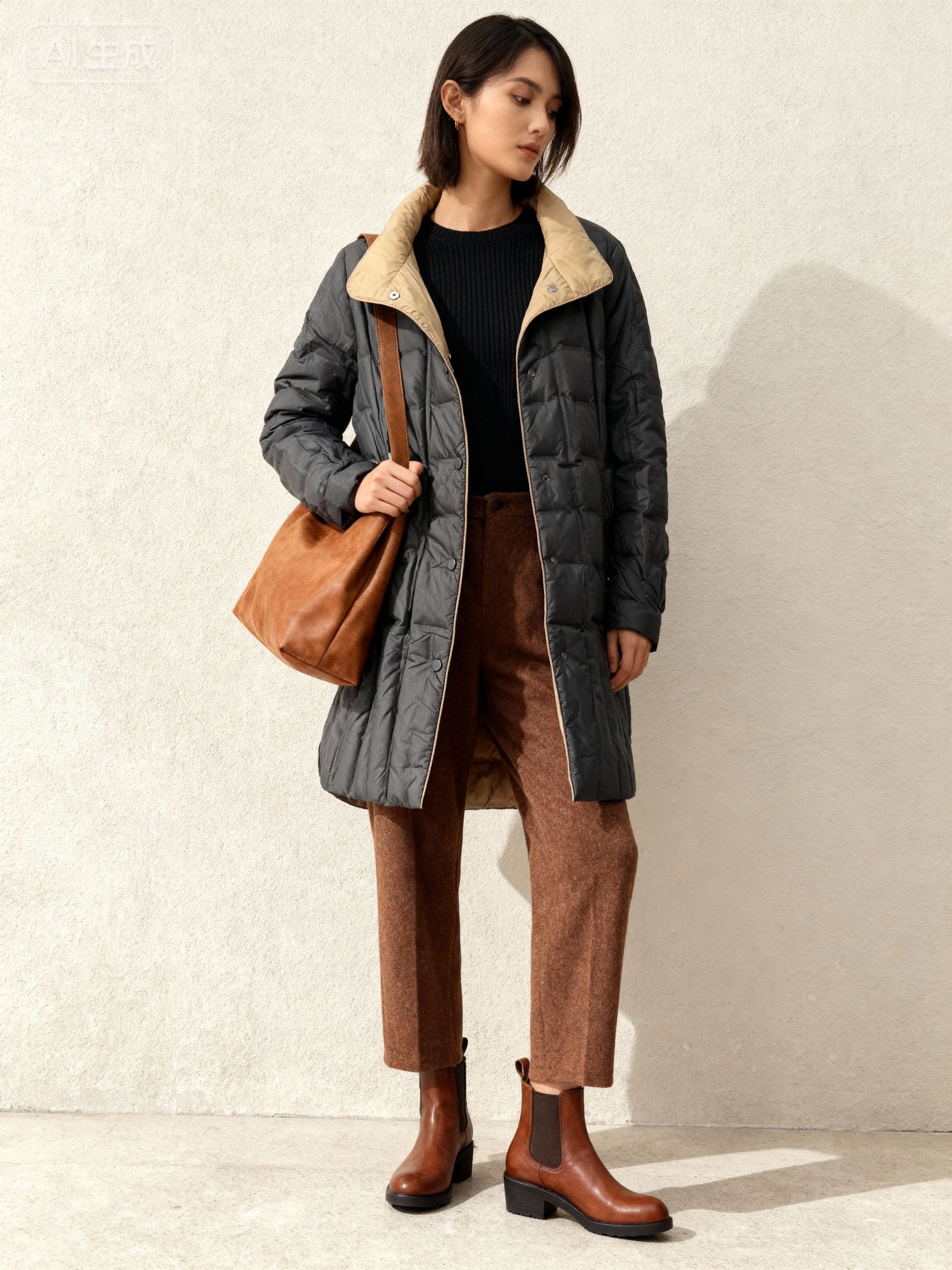 高级感撞色立领中长款羽绒服女 秋冬保暖轻便时尚外套加厚休闲