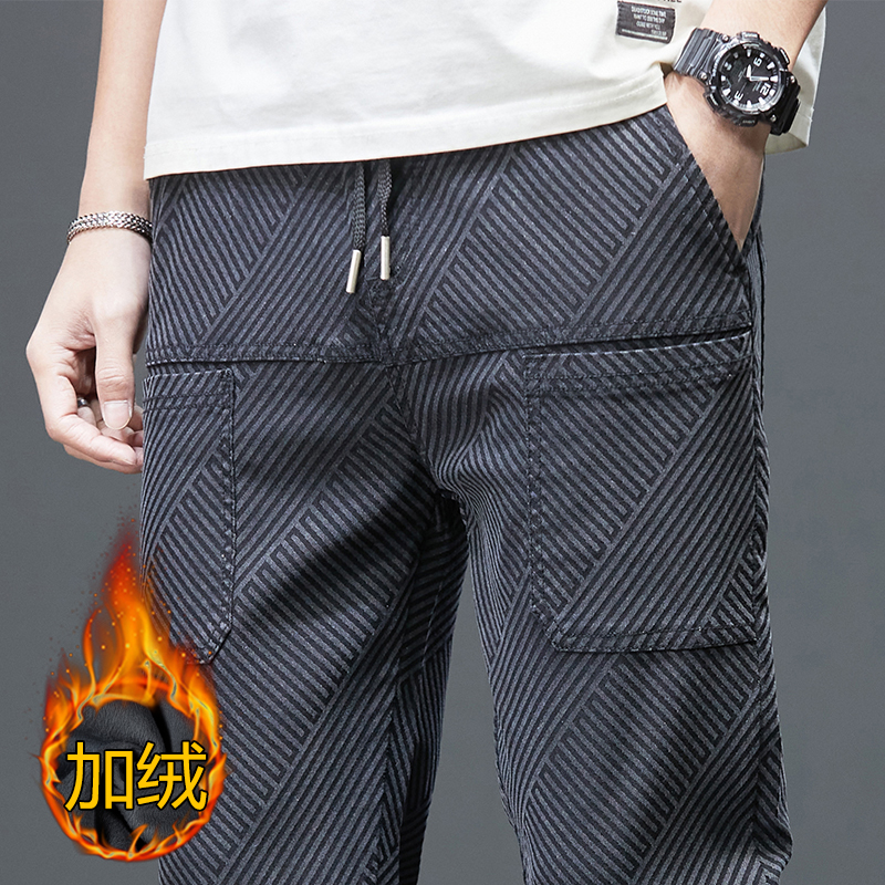 休闲裤男士百搭裤子男2025加绒潮牌六兜提花大码弹力修身小脚裤男
