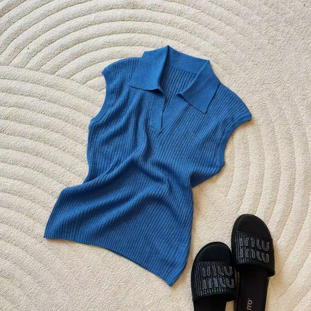 【豆子推荐】1831 夏季新款Polo领修身显瘦T恤百搭无袖上衣气质