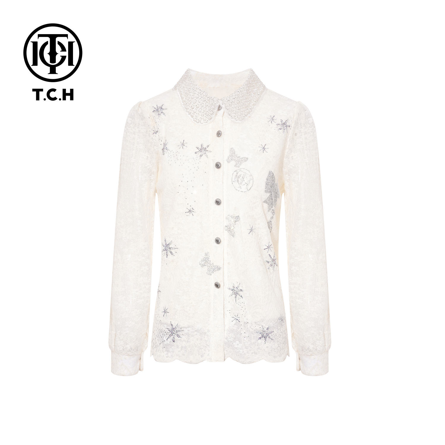 TCH【时尚气质】冬款百搭时尚烫钻米色休闲风女装衬衫T75D13E5002