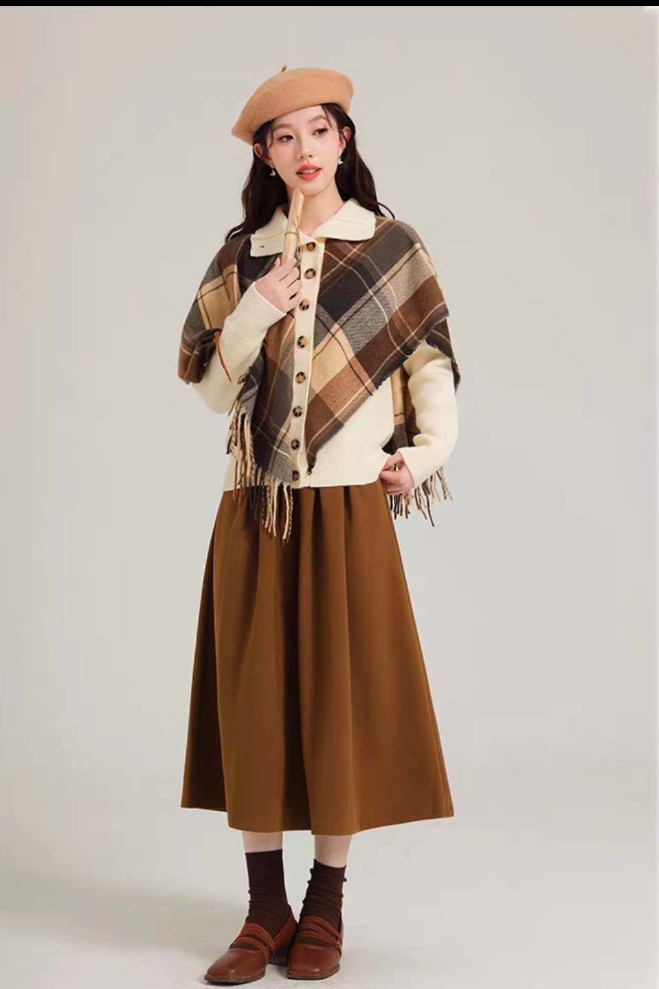 2025秋冬撞色拼接格纹假披肩针织衫女修身显瘦高领长袖毛衣