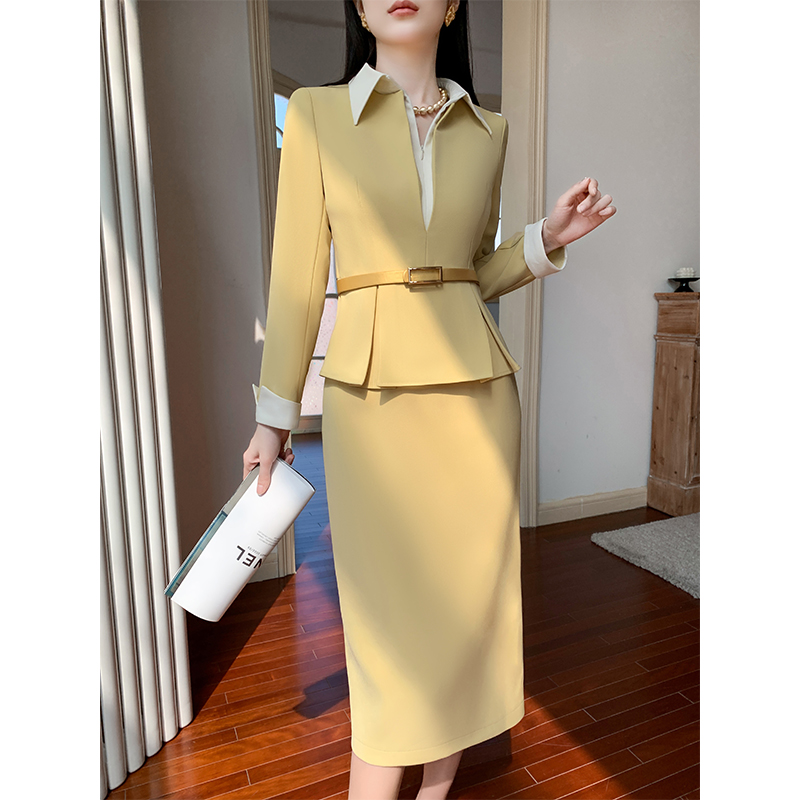 高端职业正装连衣裙女长袖秋季显瘦常规X型裙拼接V领黑色连衣裙