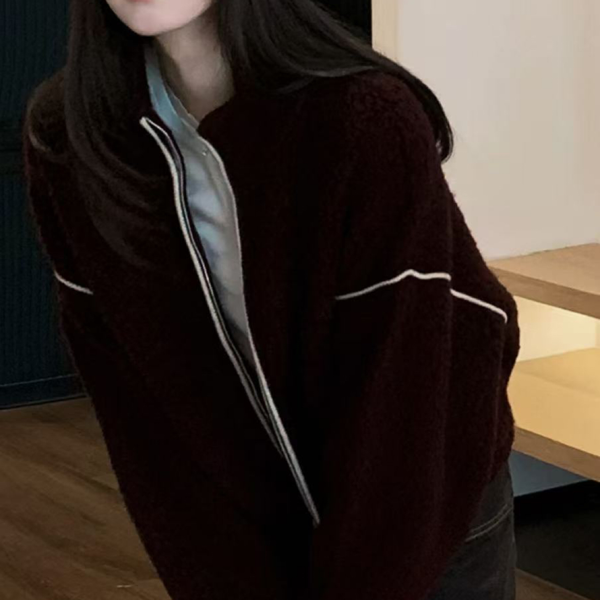 绵羊毛毛巾绣撞色外套女冬百搭毛衣针织开衫上衣6976