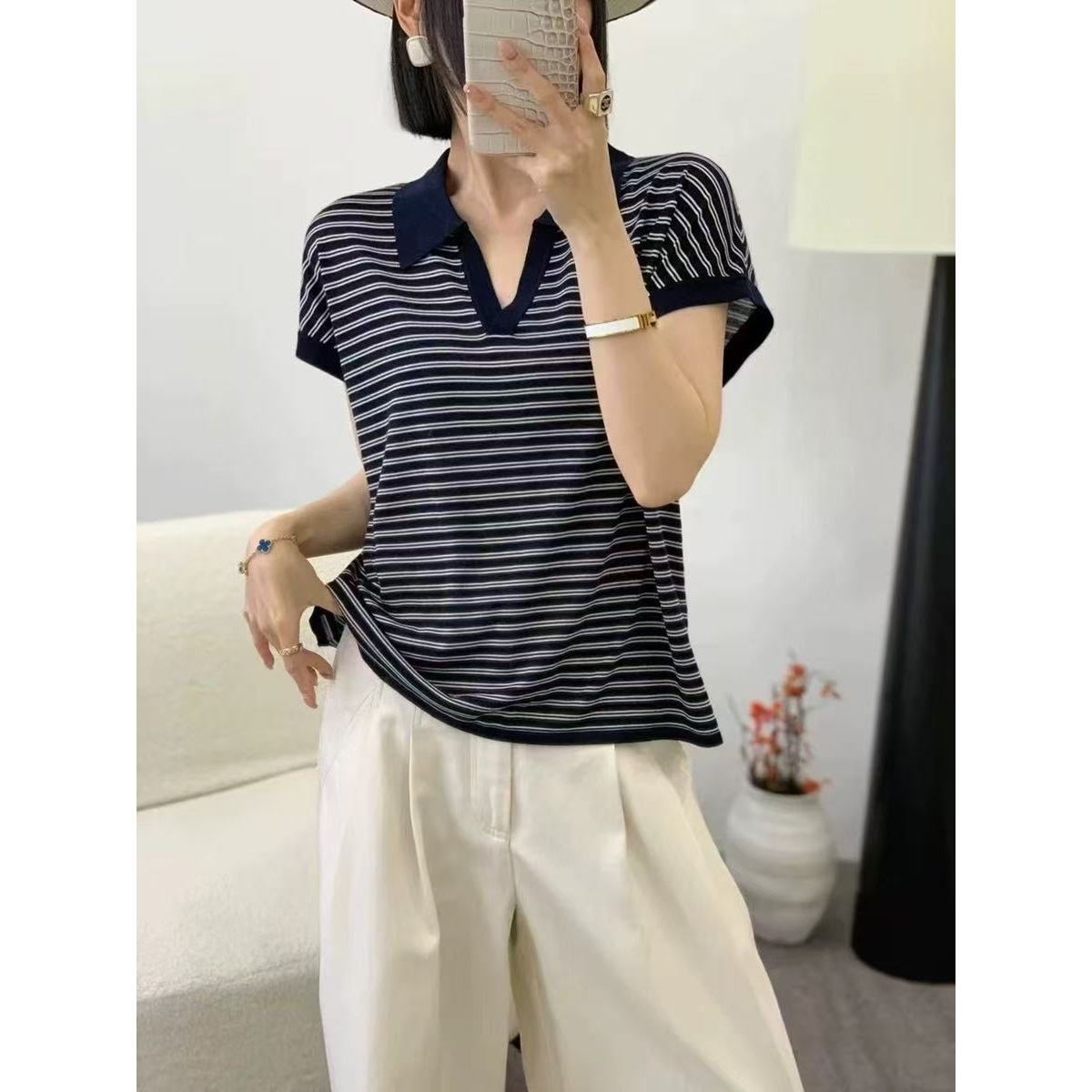 静静家复古polo领条纹薄款天丝凉垂感上衣女士 新选f1263 J03947
