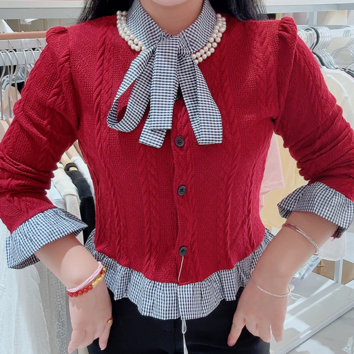 断码处理不退不换甜美蝴蝶结假两件撞色麻花立领钉珠早秋冬新款上