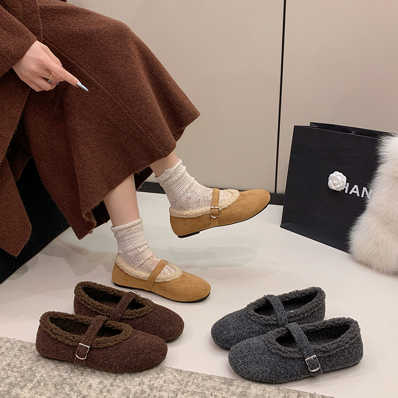 平底加绒时尚单鞋秋冬加绒百搭韩版毛毛鞋显脚小简约保暖玛丽珍鞋