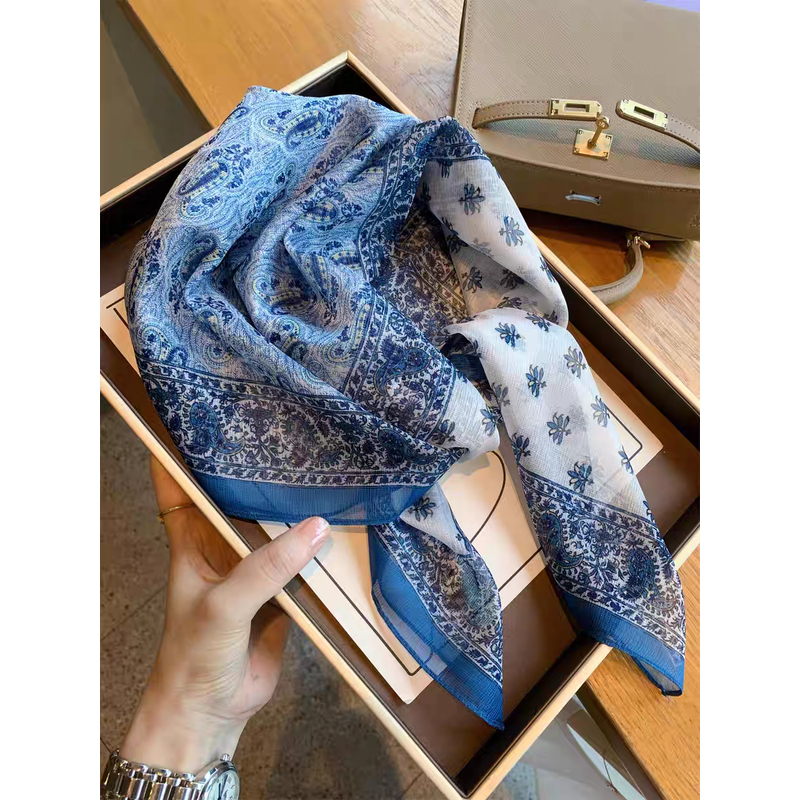 N285【拼色腰果蓝】70*70夏季薄款防晒纱巾法式轻盈透气时尚气质方
