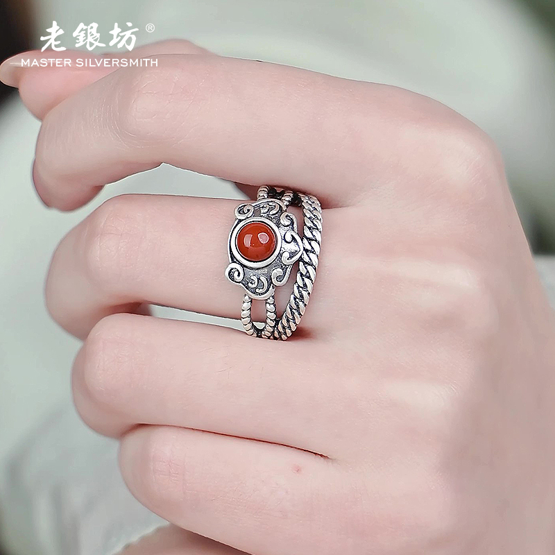 s925银 玛瑙戒指 如意编织单戒 小众珠宝饰品 0031385