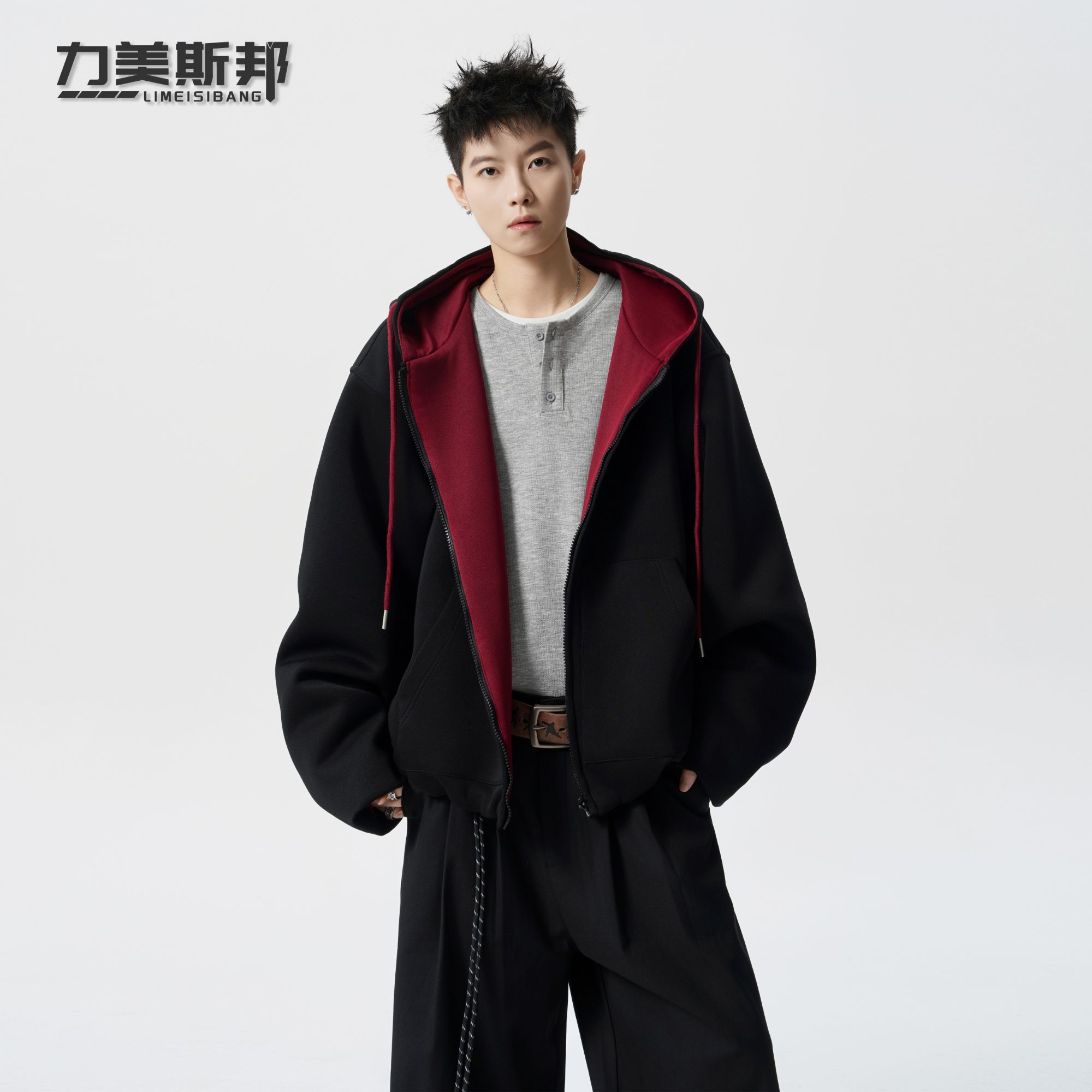 力美斯邦宽松型拉链拼接常规秋季显瘦卫衣连帽潮流美式情侣时尚