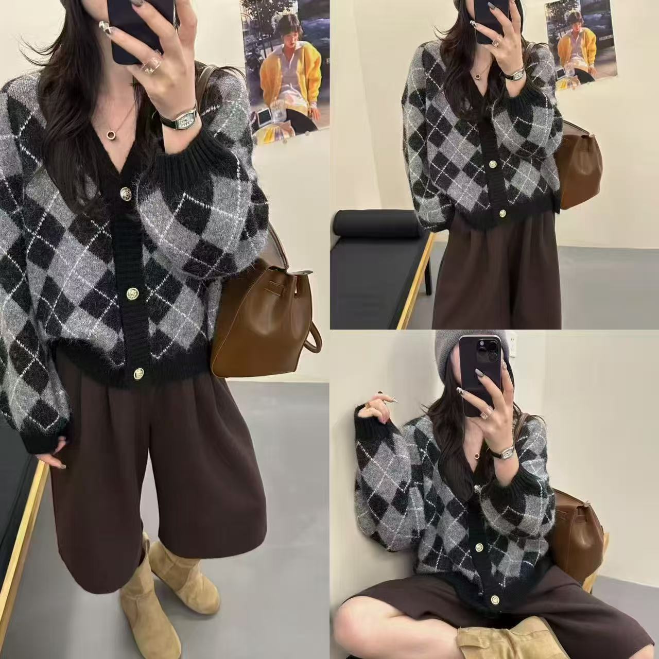 【锦衣服饰】XSY 2113韩系撞色菱格V领排扣长袖针织开衫