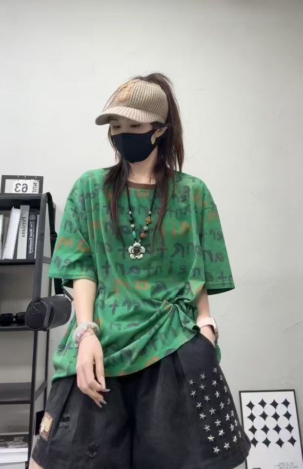 2025夏季新款宽松大码女装上衣百搭短袖休闲圆领印花字母上衣T恤