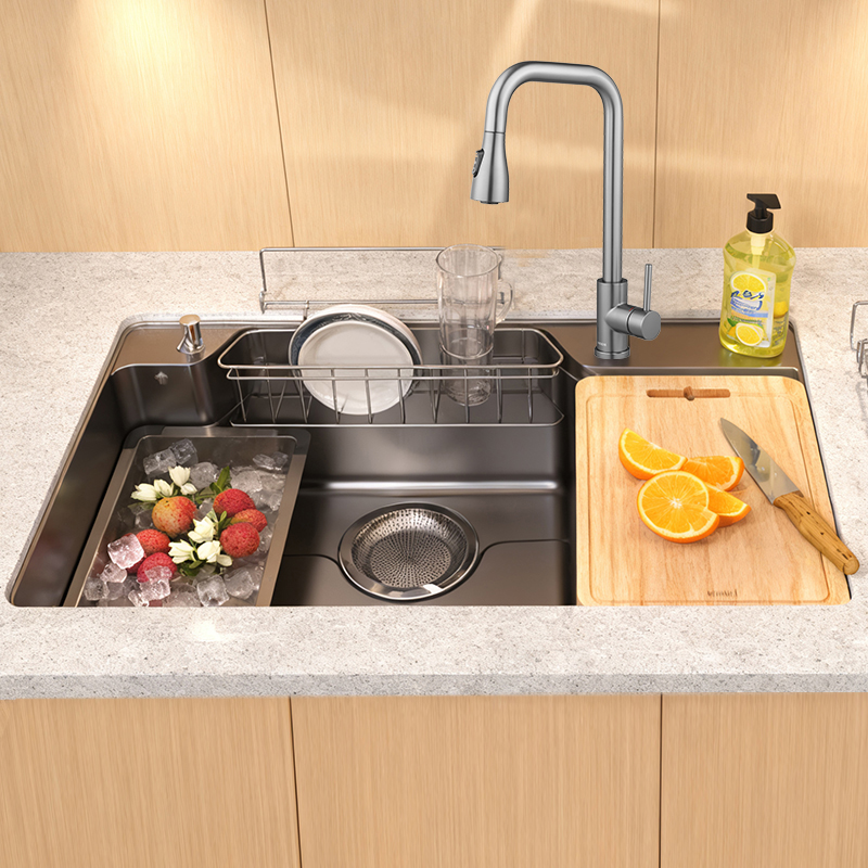 MOEN/摩恩日式大单槽集渣纳米304不锈钢水槽74812搭配三出水龙头
