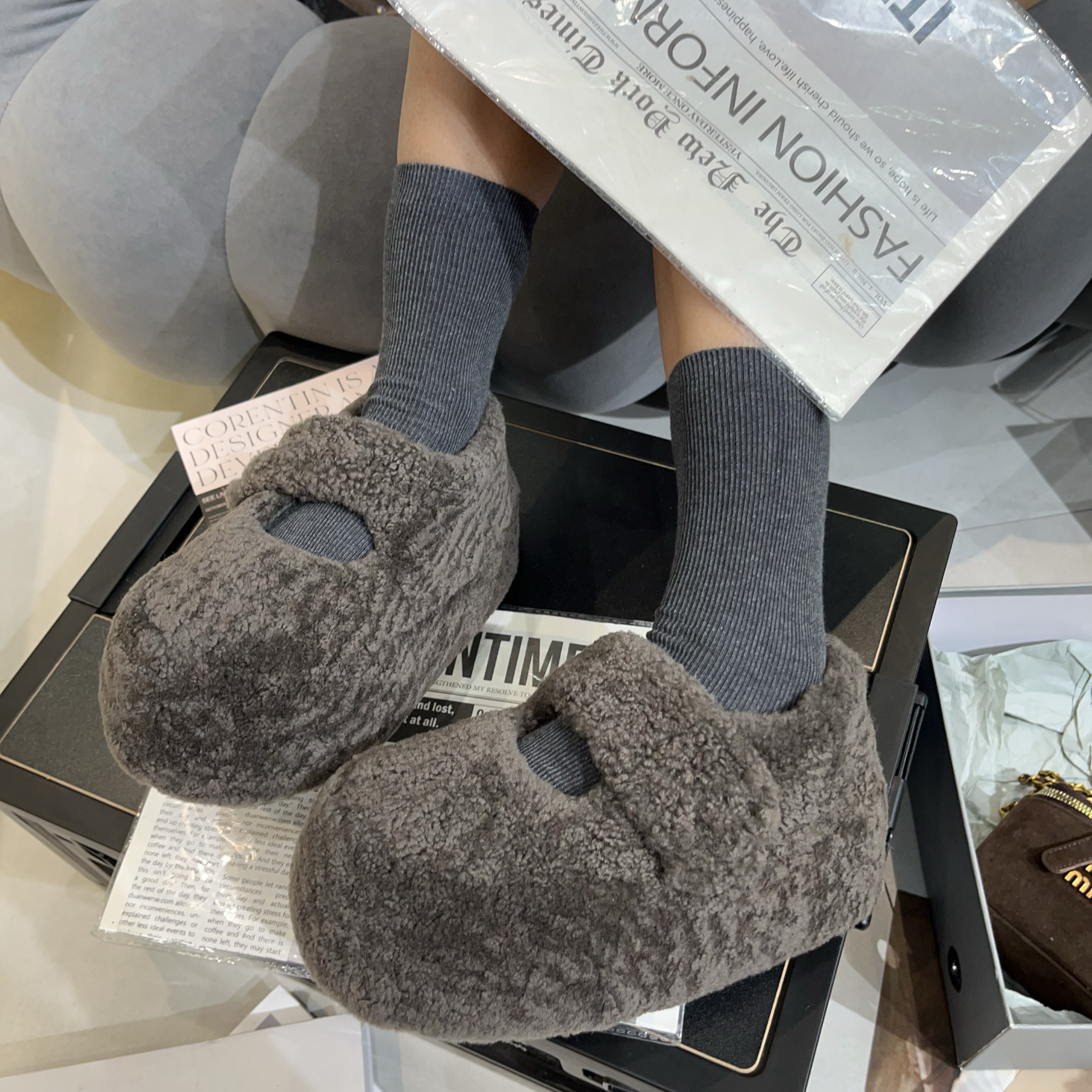 【小涵家】秋冬新款欧货小众皮毛一体羊毛厚底【6cm】面包玛丽珍鞋ins