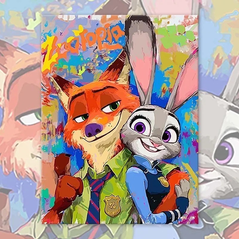 疯狂动物城 卡通手绘简单填色diy数字油画丙烯水彩涂色填充装饰画