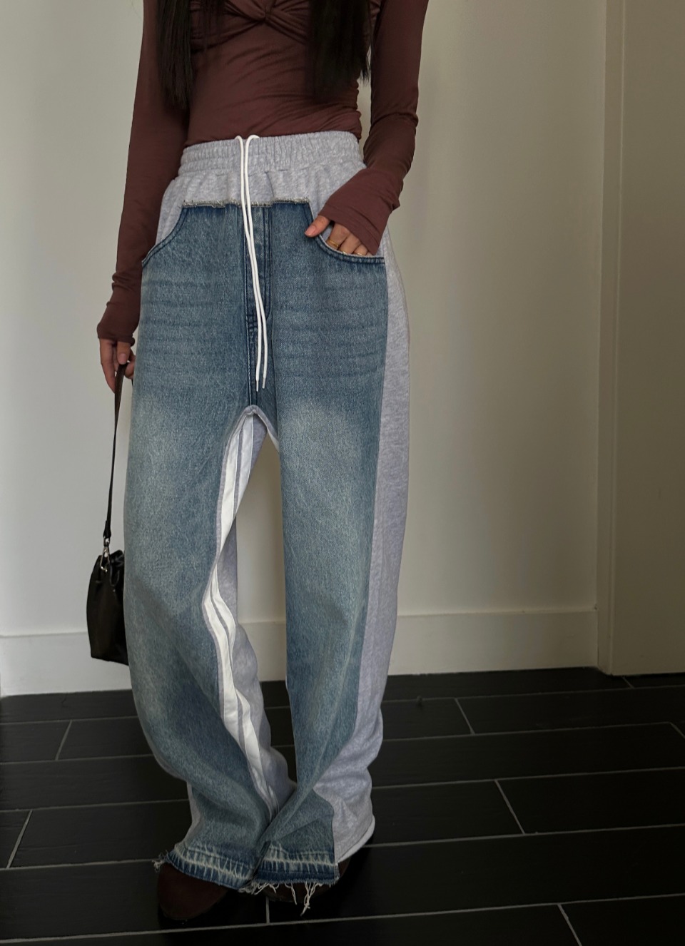 HTT小众设计感原创百搭水洗拼接牛仔裤4305108