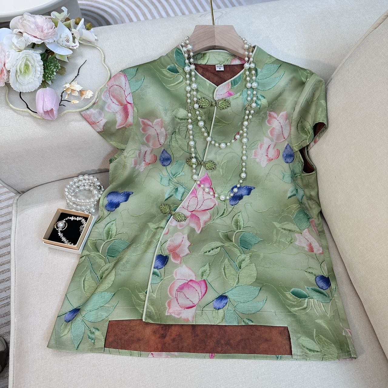 国风气质显瘦上衣T恤女新中式夏季花色重工短袖