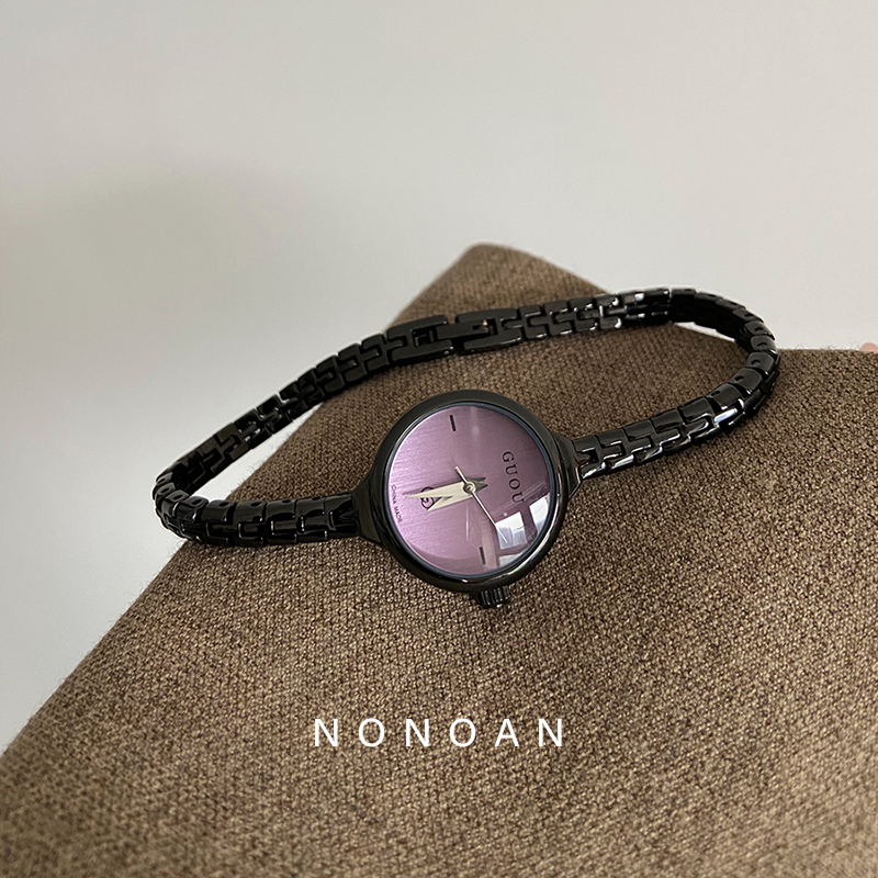 NONOAN 黑紫色圆形小表盘高级感气质休闲百搭细带链条女士手表369