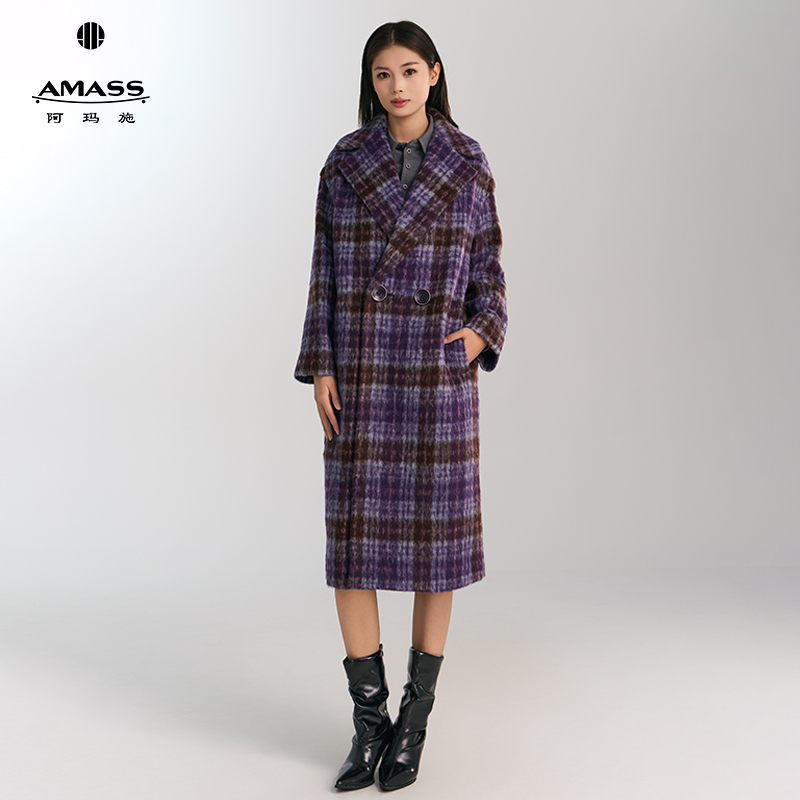 AMASS/阿玛施复古港风格纹时髦羊毛呢大衣中长款冬季外套5400361