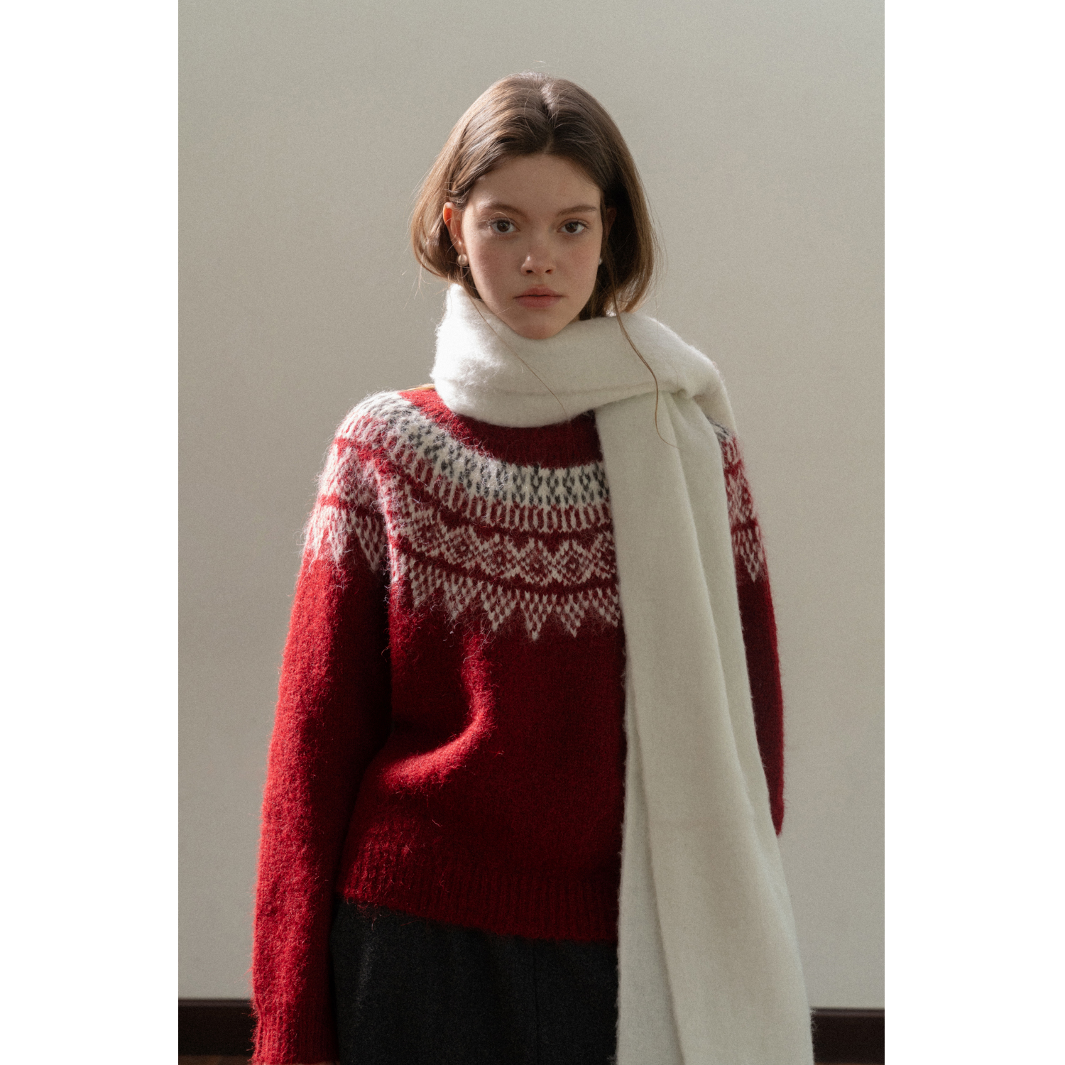 EGGKA新品复古圆领套头费尔岛提花毛衣红色E25A40645YM