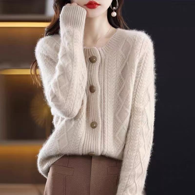 100羊毛重磅加厚外套开衫显瘦驼色开衫女装衫女圆领宽松气质