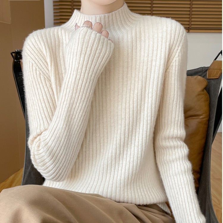 加厚100纯羊毛一线7针抽条半高领女款堆堆领羊毛衫WQ715