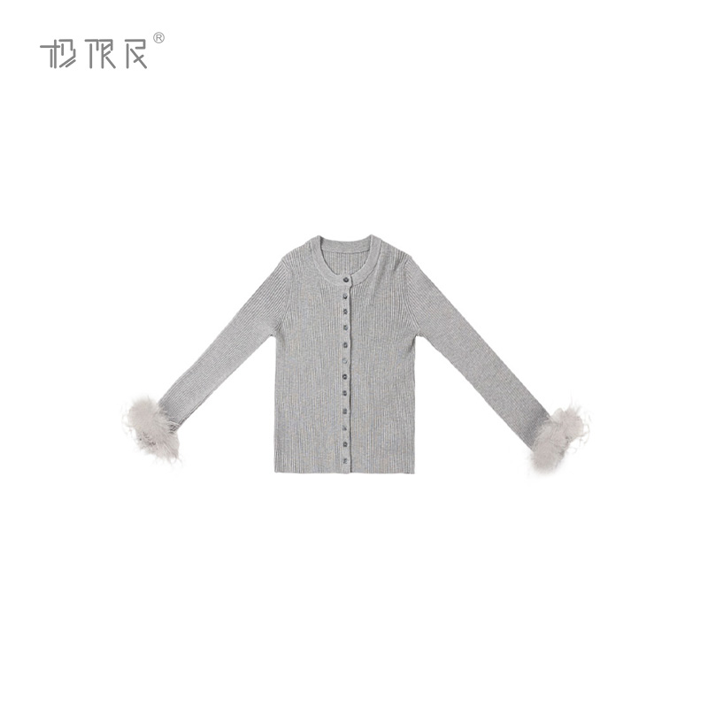 极限民《灰韵》春季欧若风气质显瘦刺绣羽毛毛衫F5114F0501