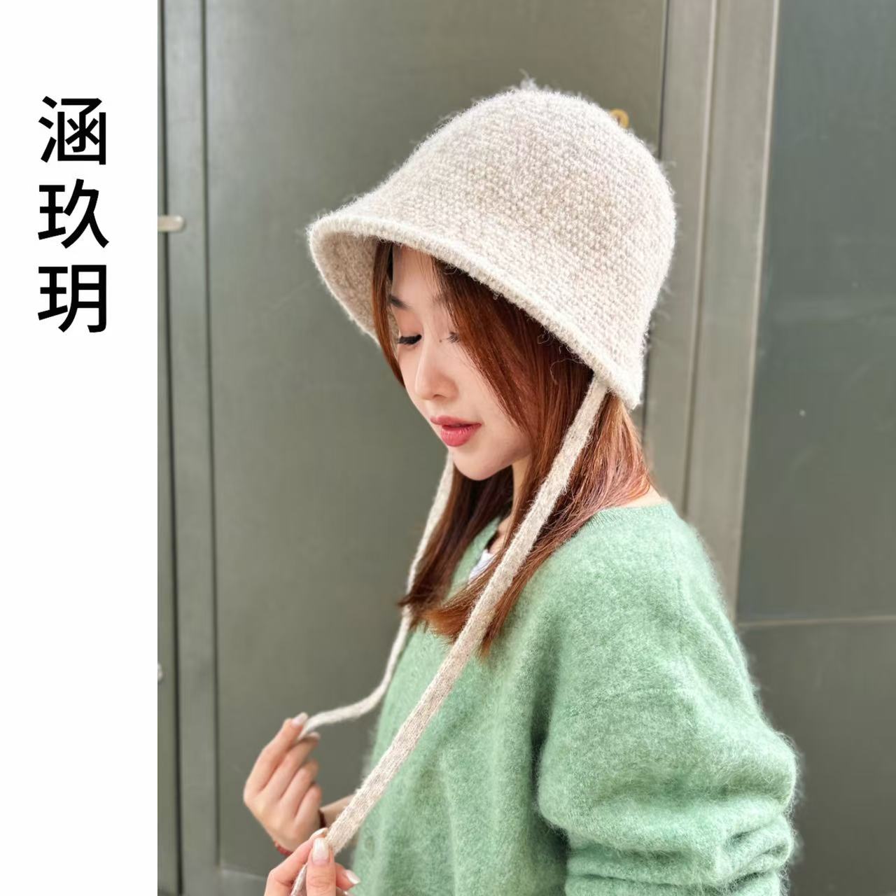 涵玖玥【针织渔夫帽】韩系秋冬显脸小时尚系带飘带百搭渔夫小盆帽