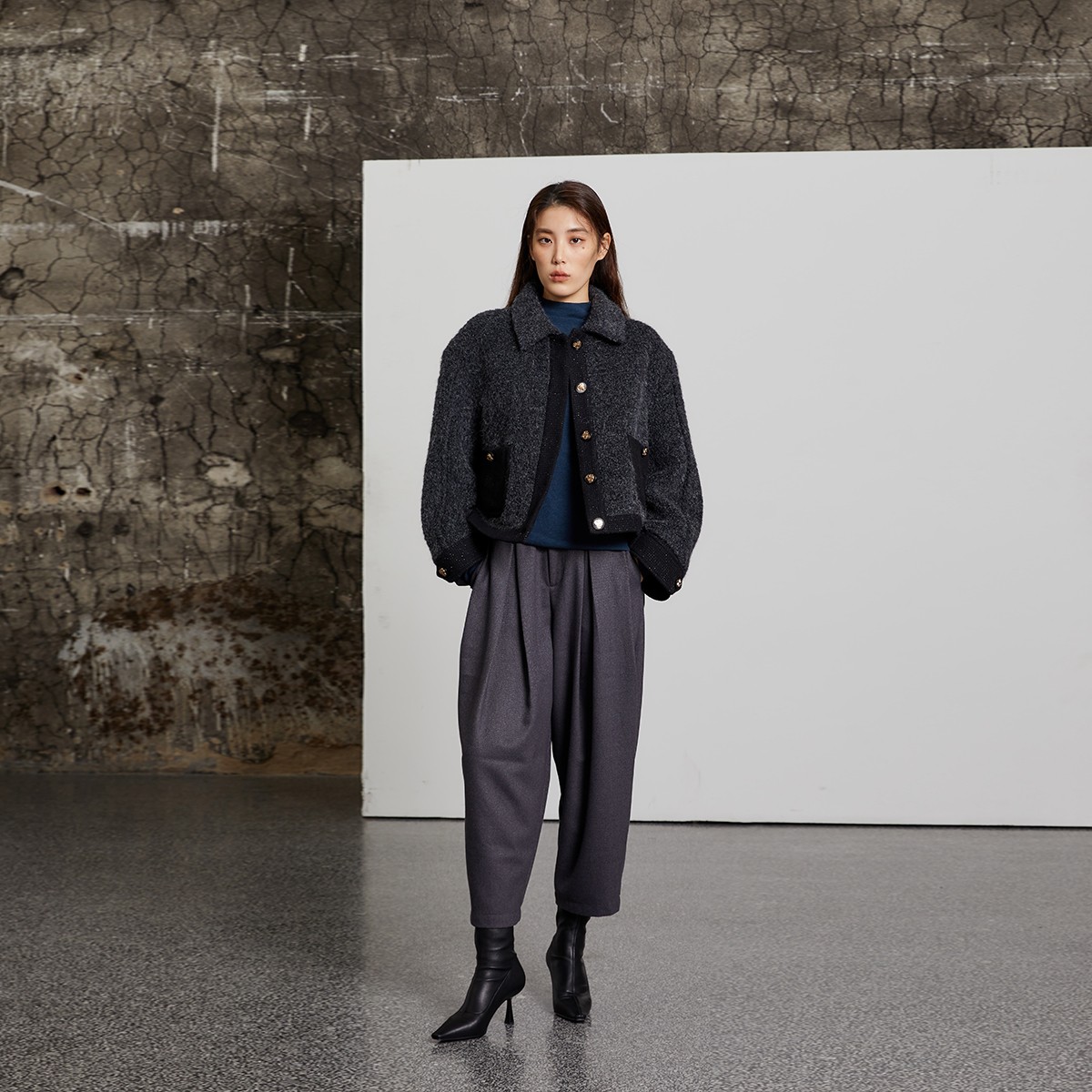 晶咕黑标羊毛短款撞色编织小香风翻领设计宽松上衣JGTM202210027