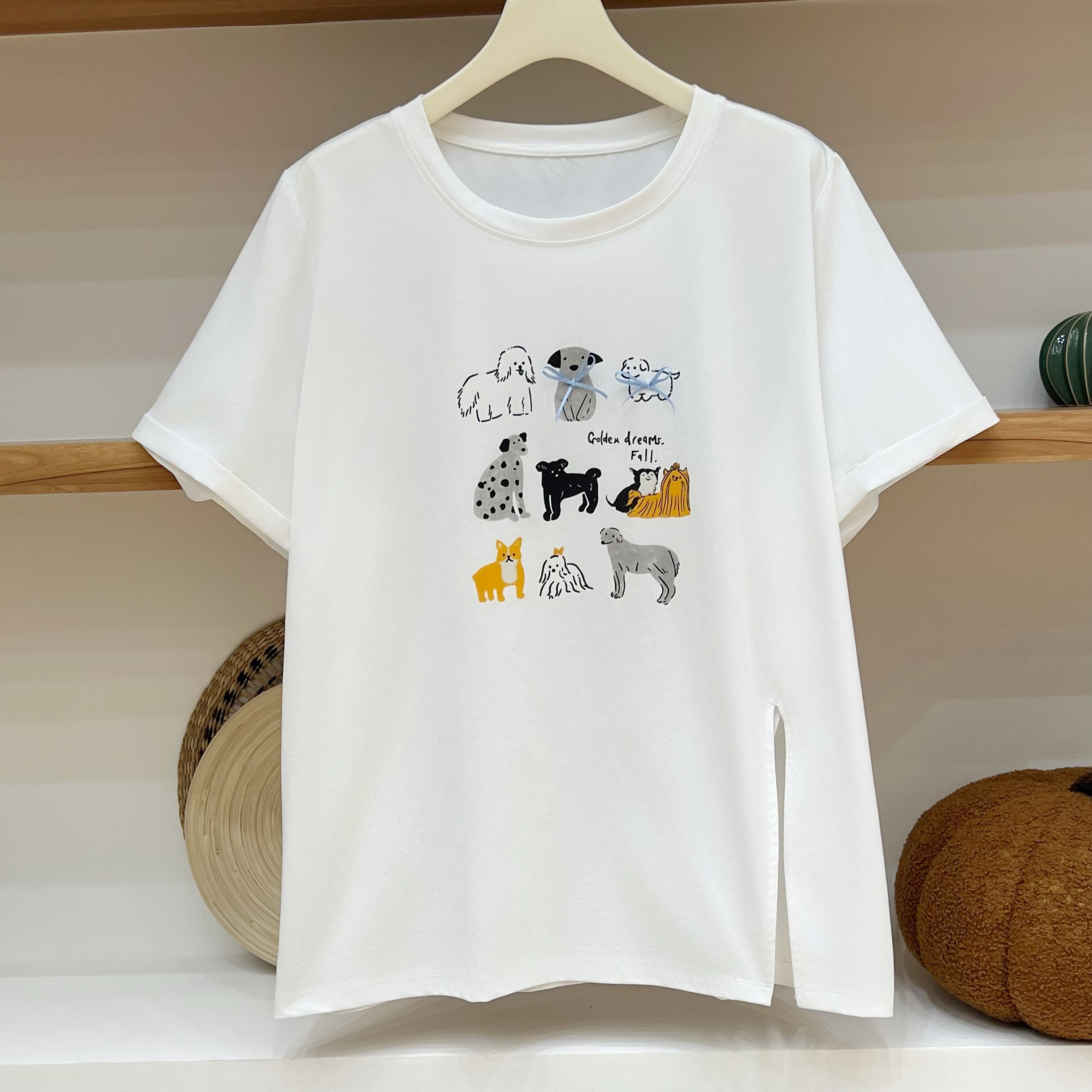 【OVERSIZE LIN】夏季新品搞怪卡通印花蝴蝶结百搭开叉圆领短袖T恤