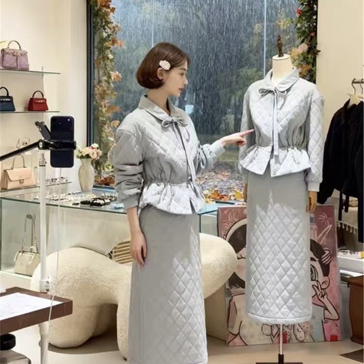 学院风菱格纹蝴蝶领结收腰外套半身裙套装显瘦新款设计感