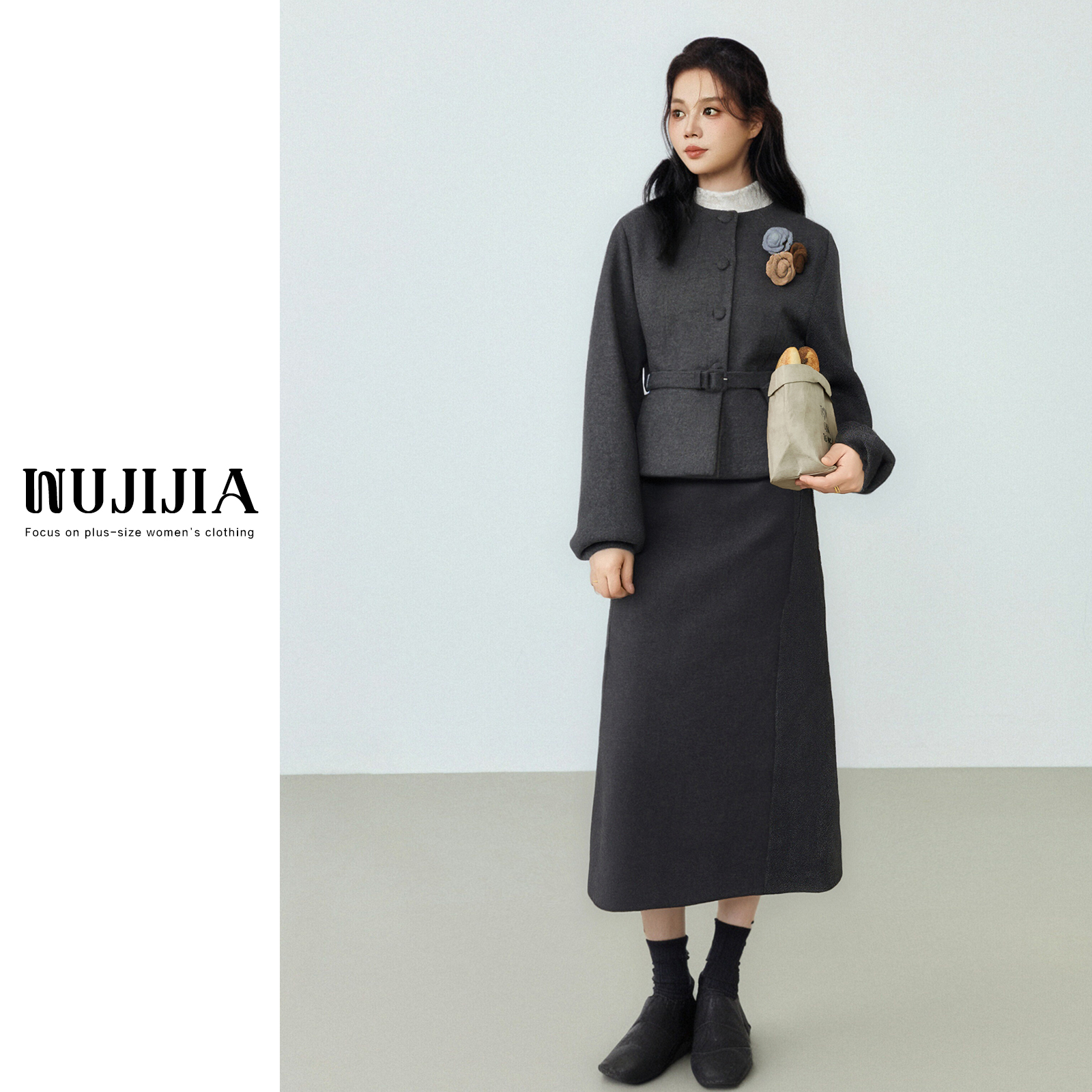 【五季家大码】秋冬新款气质百搭显瘦小香风灰色套装ZL114222