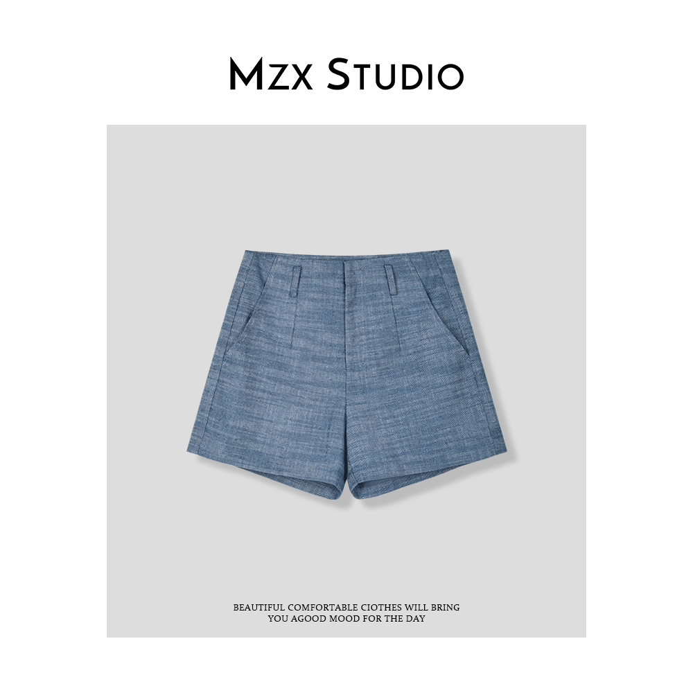 MZX 夏季亚麻棉休闲设计松弛感百搭牛仔色短裤KZ8505-A
