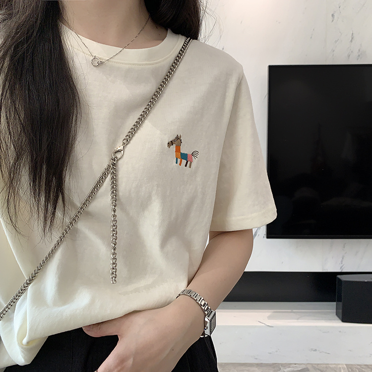 刺绣彩马T恤纯棉宽松潮牌T恤3小只短袖女国潮小众设计高复古上衣