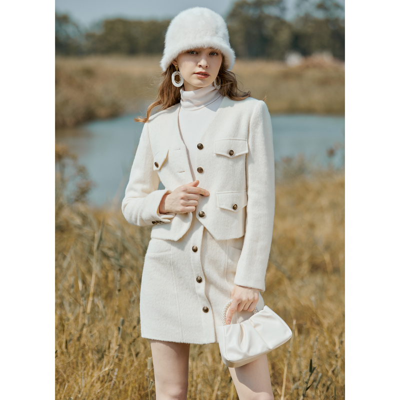 【诗语专属】恩曼琳秋冬新款绒感羊毛混纺V领短款西装外套EANCDH13