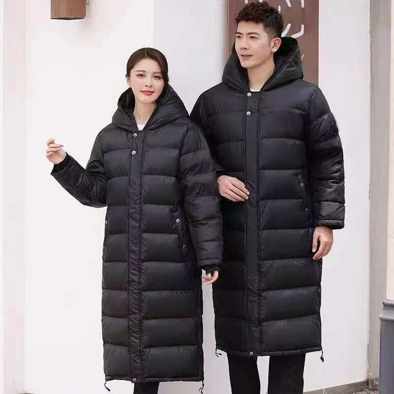 黑色休闲冬季加厚保暖直通中长款连帽棉服过膝外套 2024619