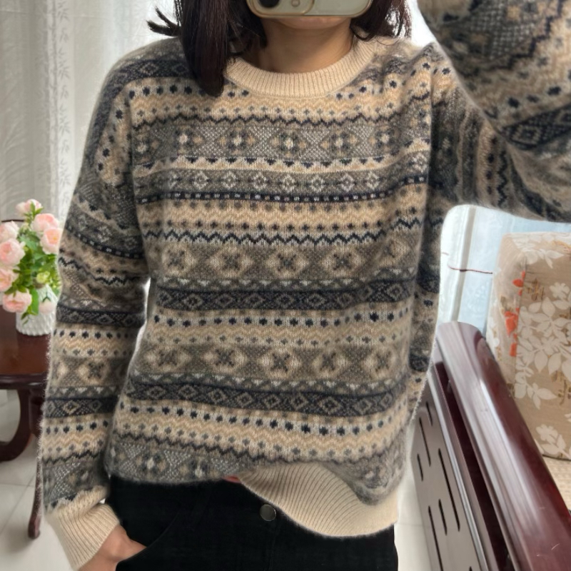 费尔岛提花拼色圆领100%纯山羊绒衫女宽松加厚上衣保暖针织衫毛衣