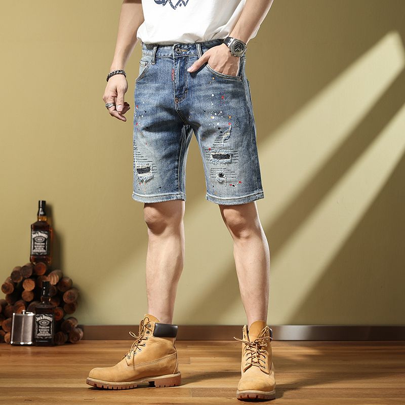 夏季薄款男士牛仔裤高端微弹破洞小直筒宽松短裤中腰显瘦五分裤潮