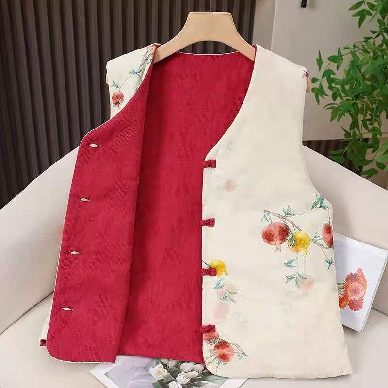 加棉加厚新中式国风马甲双面穿V领冬季保暖复古印花民族风马夹