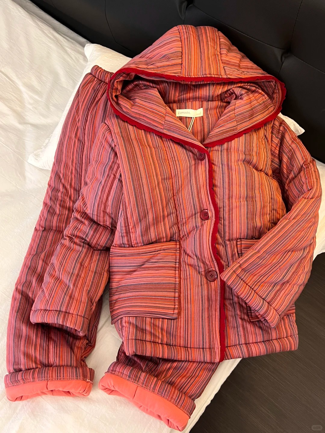 复古条纹花边连帽夹棉睡衣女冬款加厚保暖棉服休闲家居服套装外穿