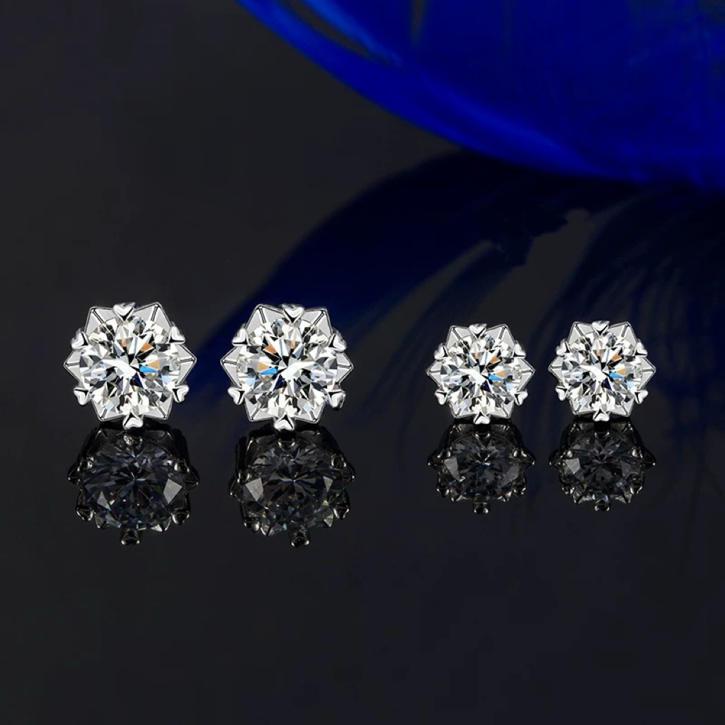 925银莫桑石银制品 【雪花耳钉】时尚轻奢精致百搭镶嵌合成碳硅石
