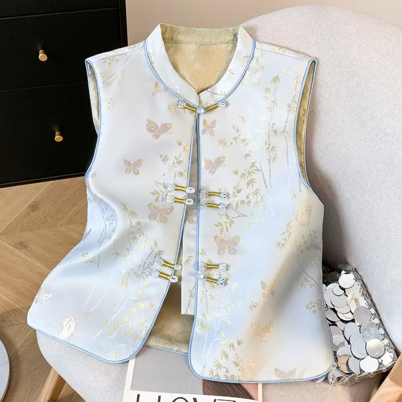 春季女马夹粉蓝花朵刺绣中式马甲秋冬印花两面提花