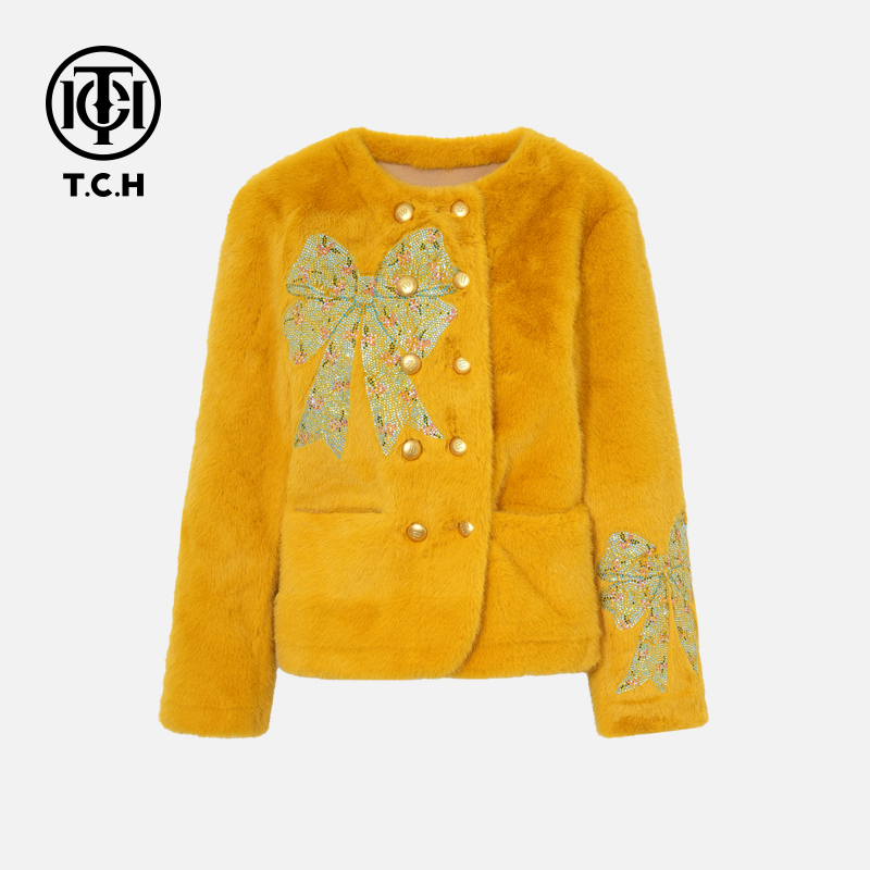 TCH私服秋款时尚休闲风烫钻淑女黄色毛毛外套T75C05E5005轻奢tch