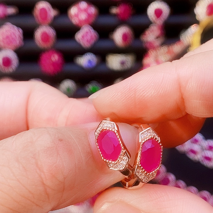 耳饰银S925镶嵌红宝石