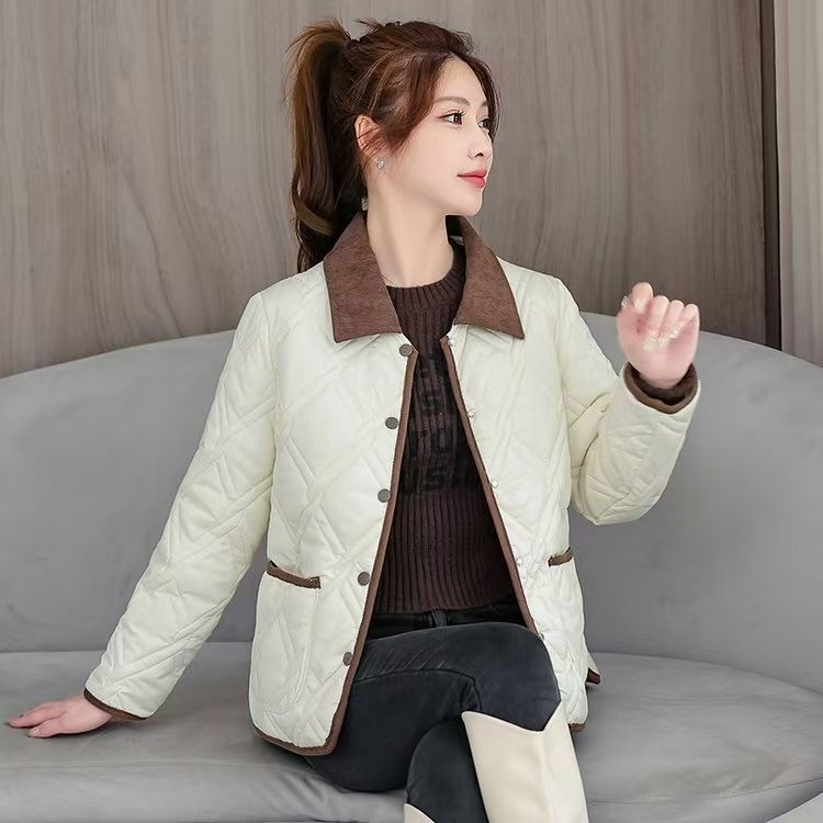 秋冬新款小香风短款棉袄棉服撞色菱格宽松翻领冬季棉衣外套上衣潮