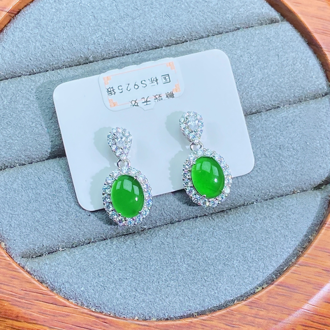 天然翡翠A货精致百搭设计款蛋面耳坠通体S925银镶嵌（多样性发）