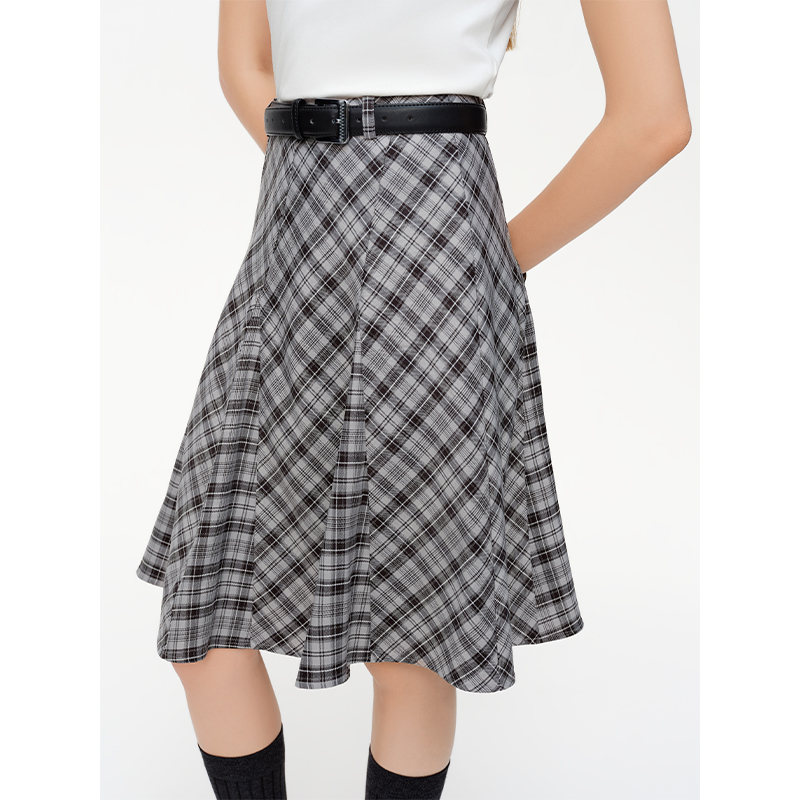 独束女装【格林灰调】斜分割拼接格纹半裙显瘦A字裙26DS81102