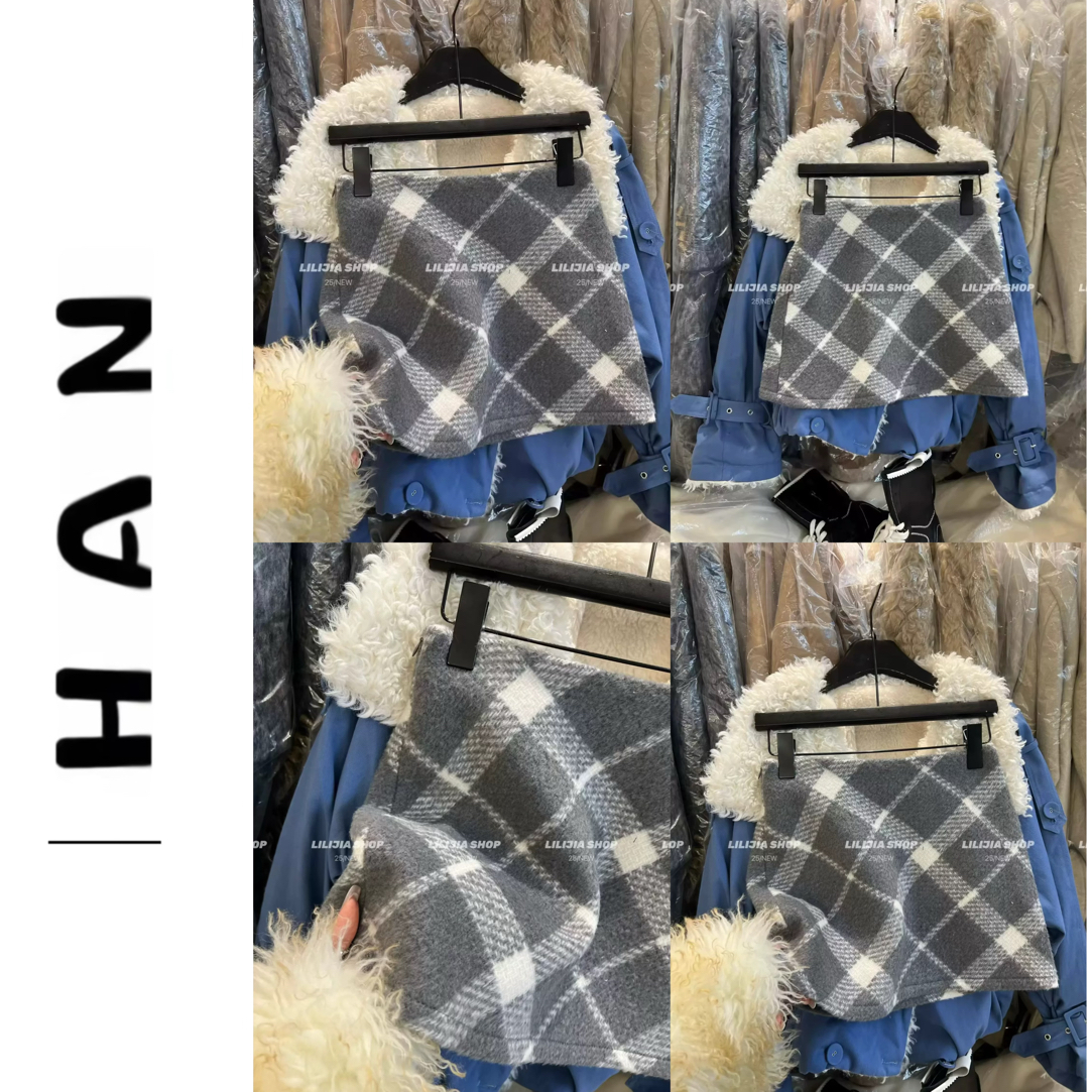 【绒暖格韵】新款新款加厚毛呢高腰显瘦复古格纹包臀半身短裙