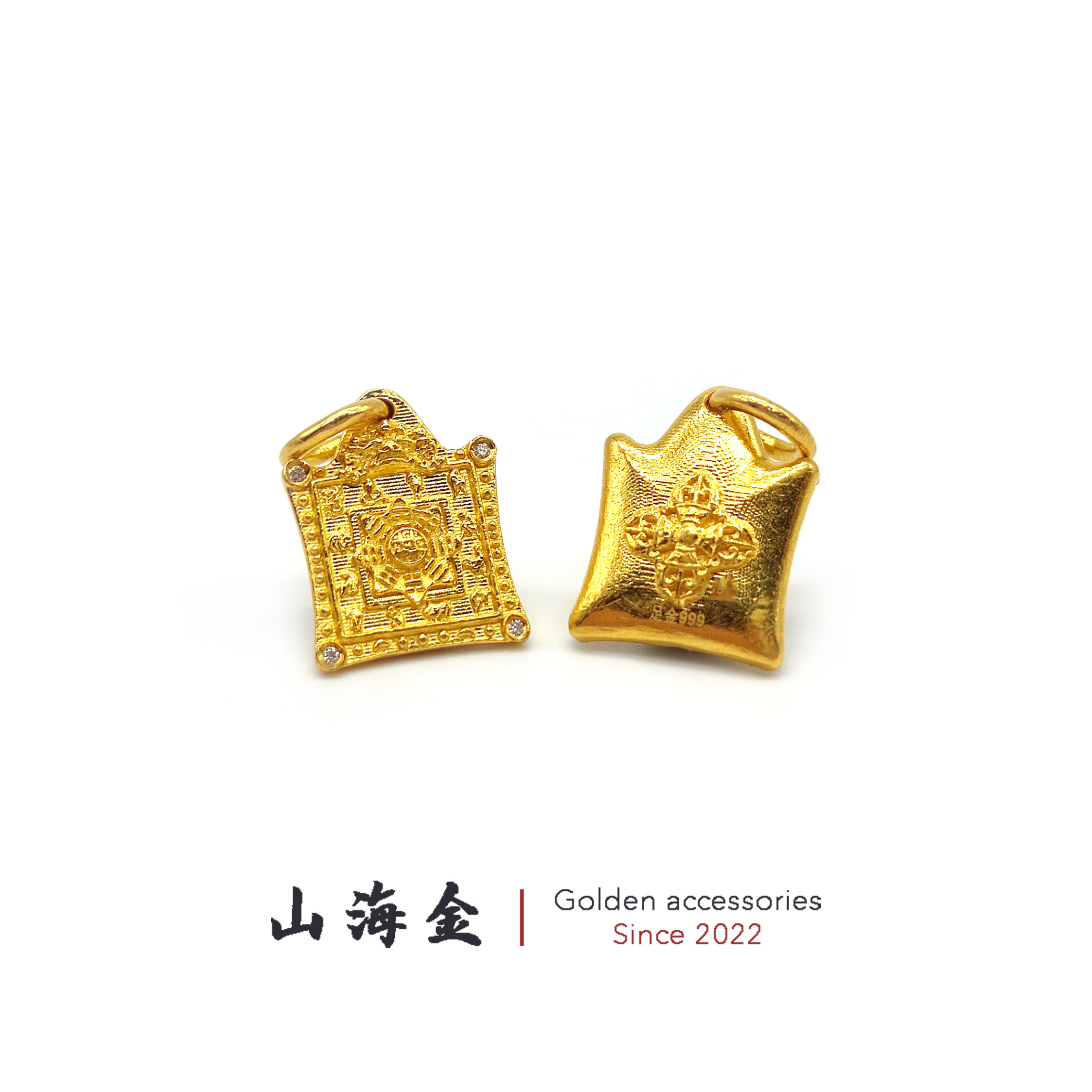 山海金 24K纯金999足金方形九宫八卦牌侧挂文玩手串佛珠配饰